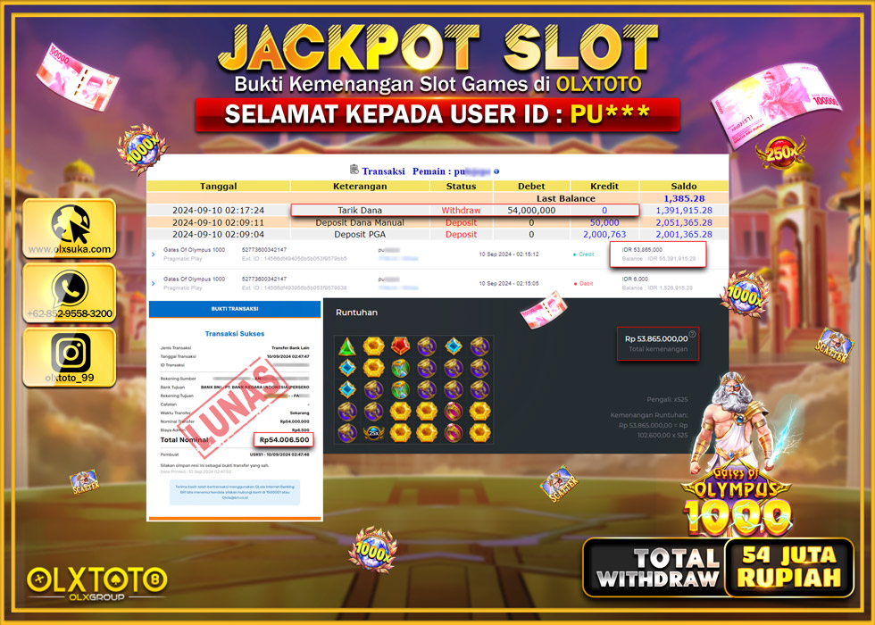 OLXTOTO JACKPOT  SLOT GATES OF OLYMPUS 1000 Rp.54.000.000.,- LUNAS