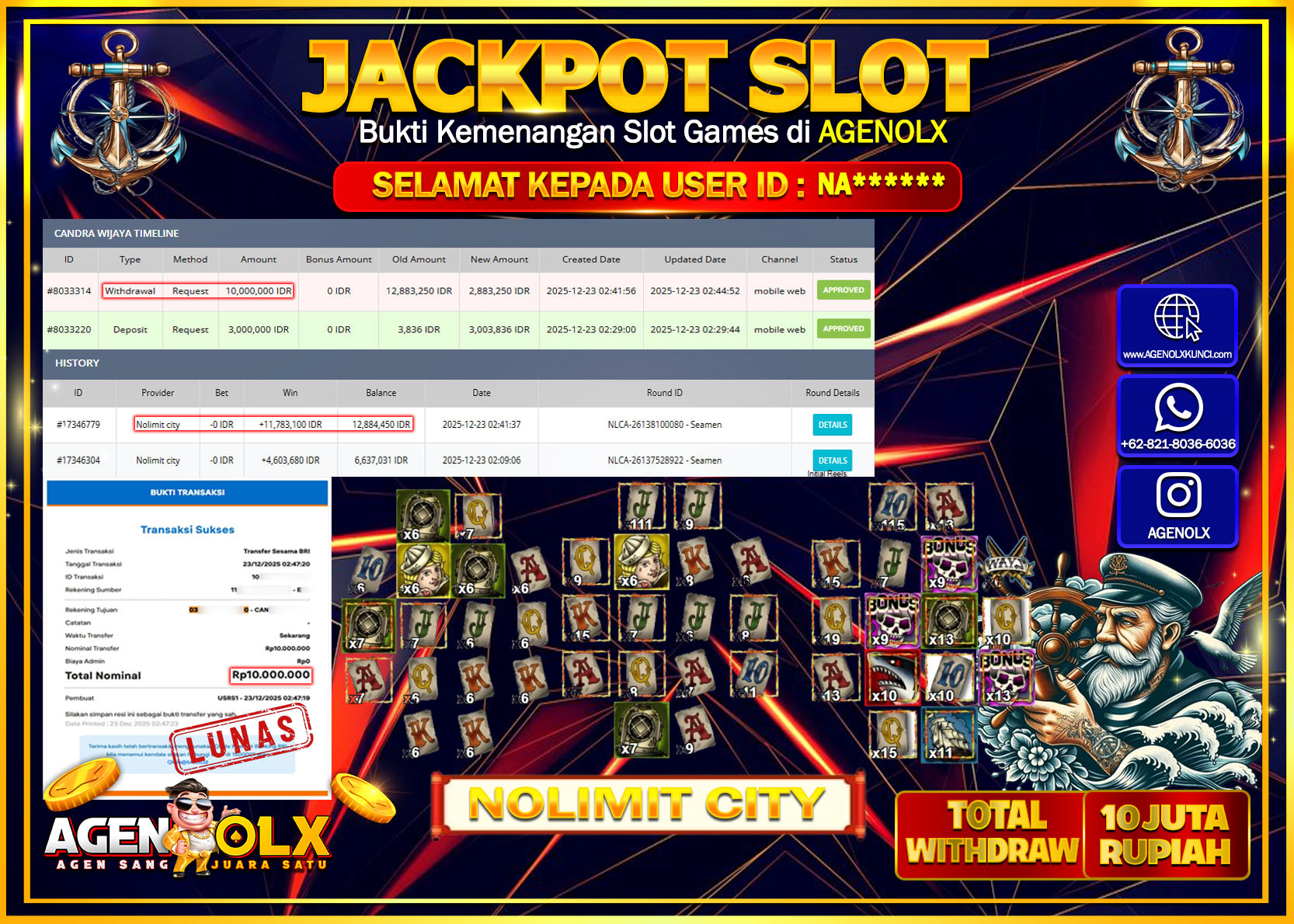 AGENOLX JACKPOT SLOT NOLIMIT CITY SEAMEN  Rp 10,000,000,- LUNAS