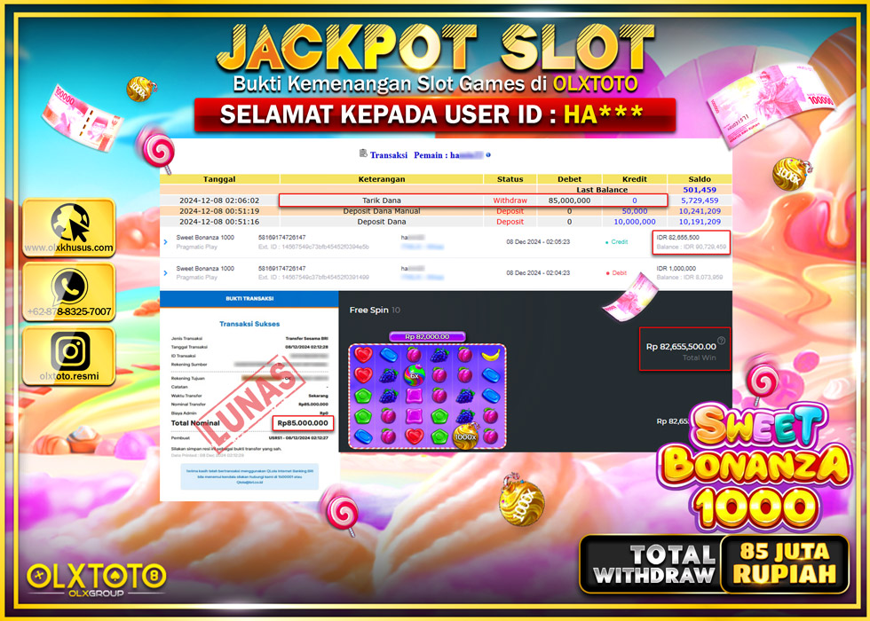 OLXTOTO JACKPOT  SLOT SWEET BONANZA 1000  Rp.85.000.000.,- LUNAS