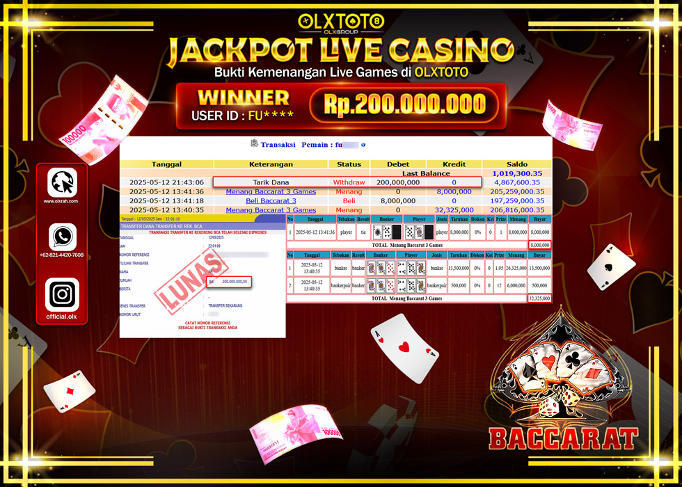 BINTANGSLOT77 JACKPOT  LIVE GAMES BACCARAT Rp.200.000.000.,- LUNAS
