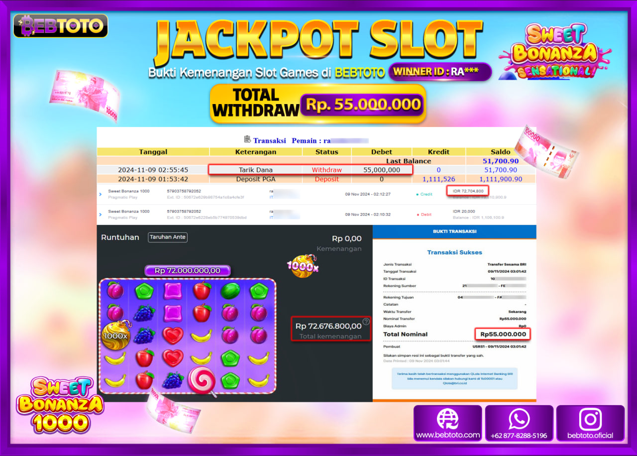 JACKPOT SLOT BEBTOTO SWEET BONANZA 1000 Rp.55.000.000.,- LUNAS