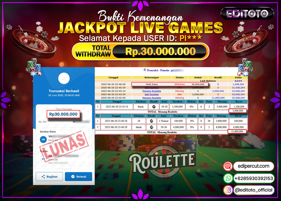 JACKPOT EDITOTO LIVE GAMES ROULETTE  Rp. 30.000.000.,- LUNAS