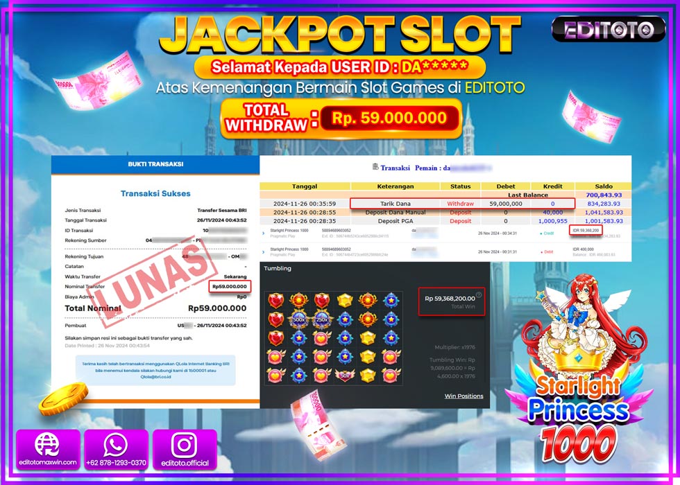 JACKPOT SLOT STARLIGHT PRINCESS 1000 Rp.59.000.000.,- LUNAS