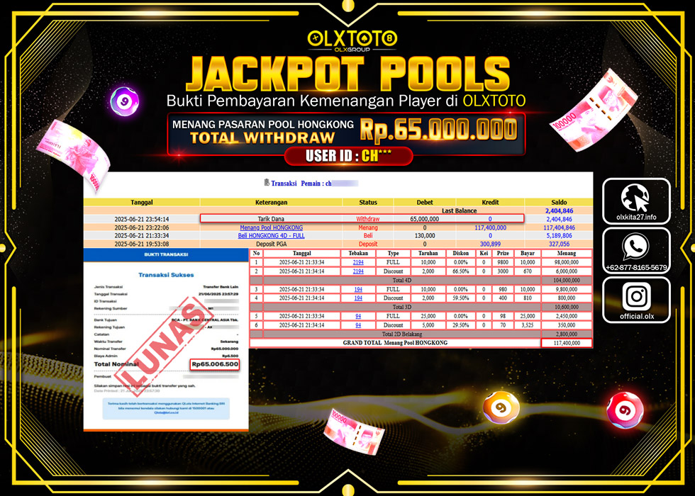 BONDAN69 JACKPOT  TOGEL POOL HONGKONG Rp.65.000.000.,- LUNAS