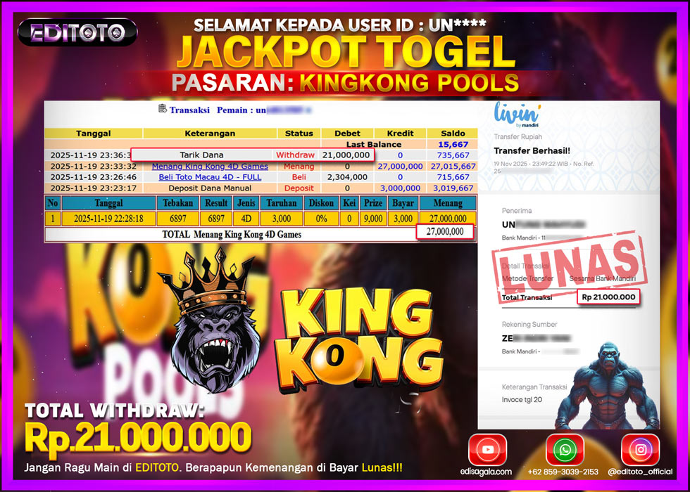 JACKPOT EDITOTO TOGEL PASARAN KINGKONG POOLS Rp.21.000.000.,- LUNAS 