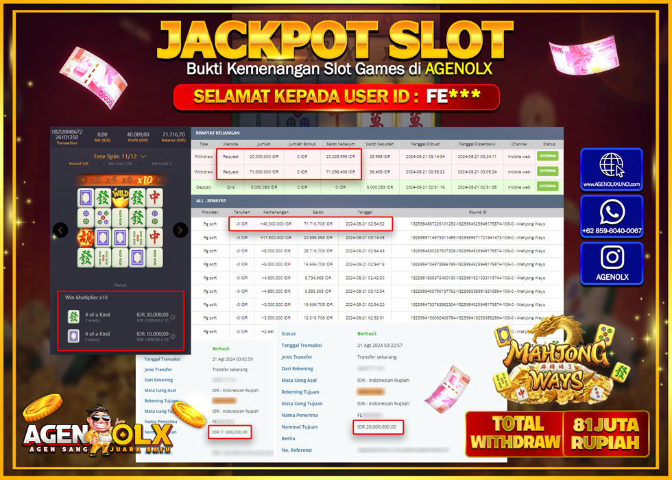 AGENOLX JACKPOT SLOT MAHJONG WAYS Rp.81.000.000,- LUNAS