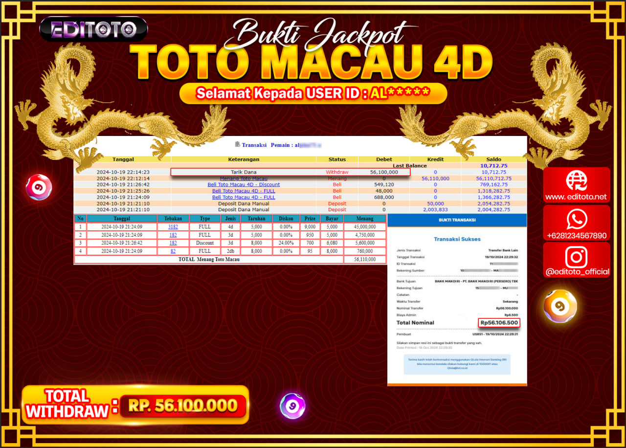 JACKPOT TOGEL PASARAN TOTO MACAU Rp.56.100.000.,- LUNAS