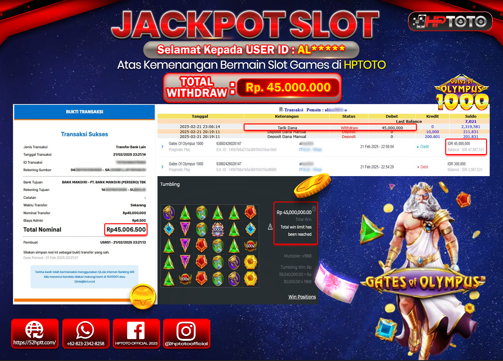 HPTOTO JACKPOT SLOT GATES OF OLYMPUS 1000 Rp.45.000.000,- LUNAS