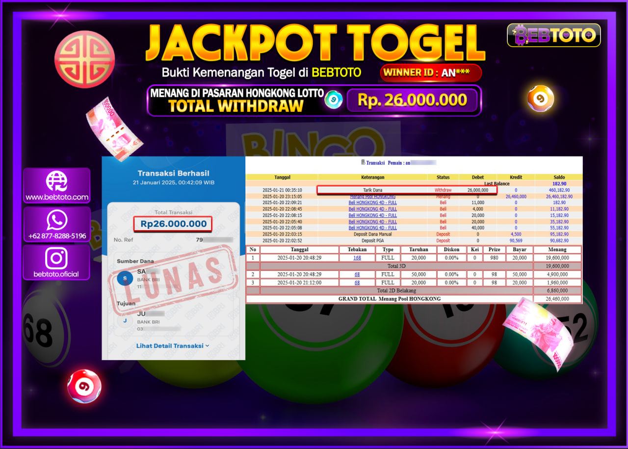 JACKPOT TOGEL BEBTOTO HONGKONG LOTTO Rp.26.000.000.,- LUNAS