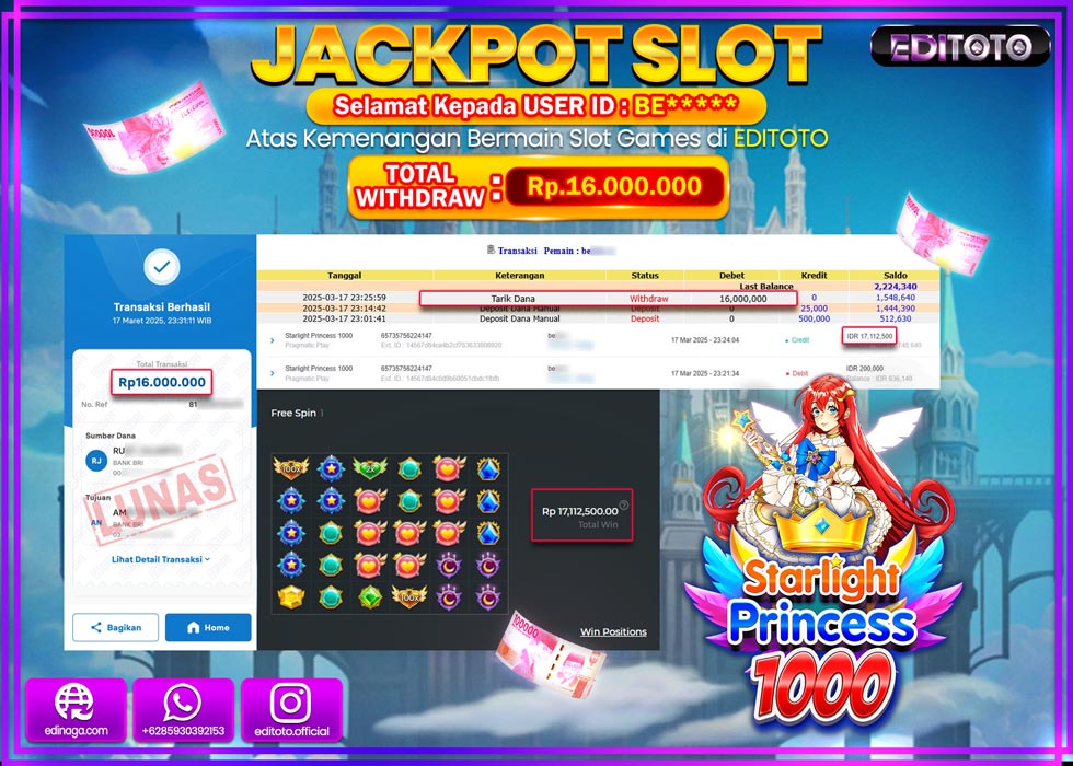JACKPOT SLOT STARLIGHT PRINCESS 1000  Rp.16.000.000.,- LUNAS