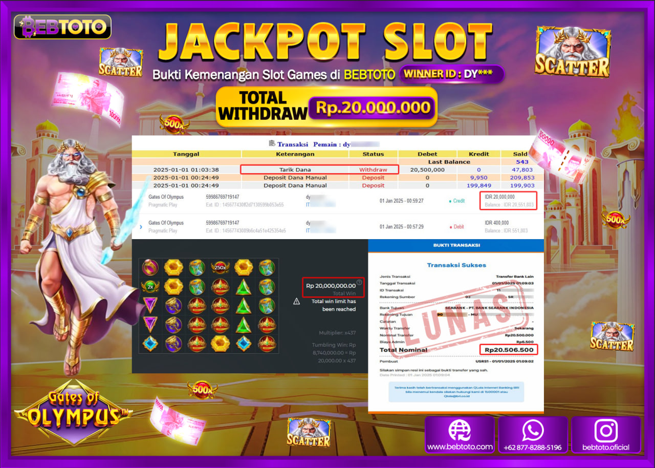JACKPOT SLOT BEBTOTO GATES OF OLYMPUS 1000 Rp.20.000.000.,- LUNAS