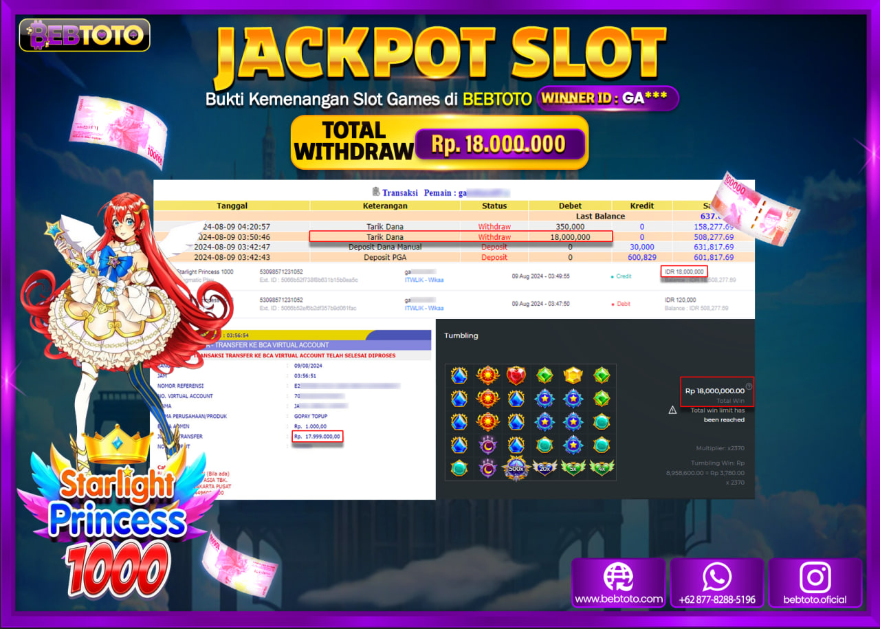 JACKPOT SLOT BEBTOTO Starlight Princes 1000 Rp.18.000.000.,- LUNAS