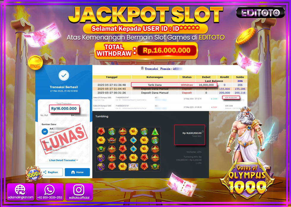 JACKPOT EDITOTO SLOT GATES OF OLYMPUS 1000 Rp.16.000.000,- LUNAS