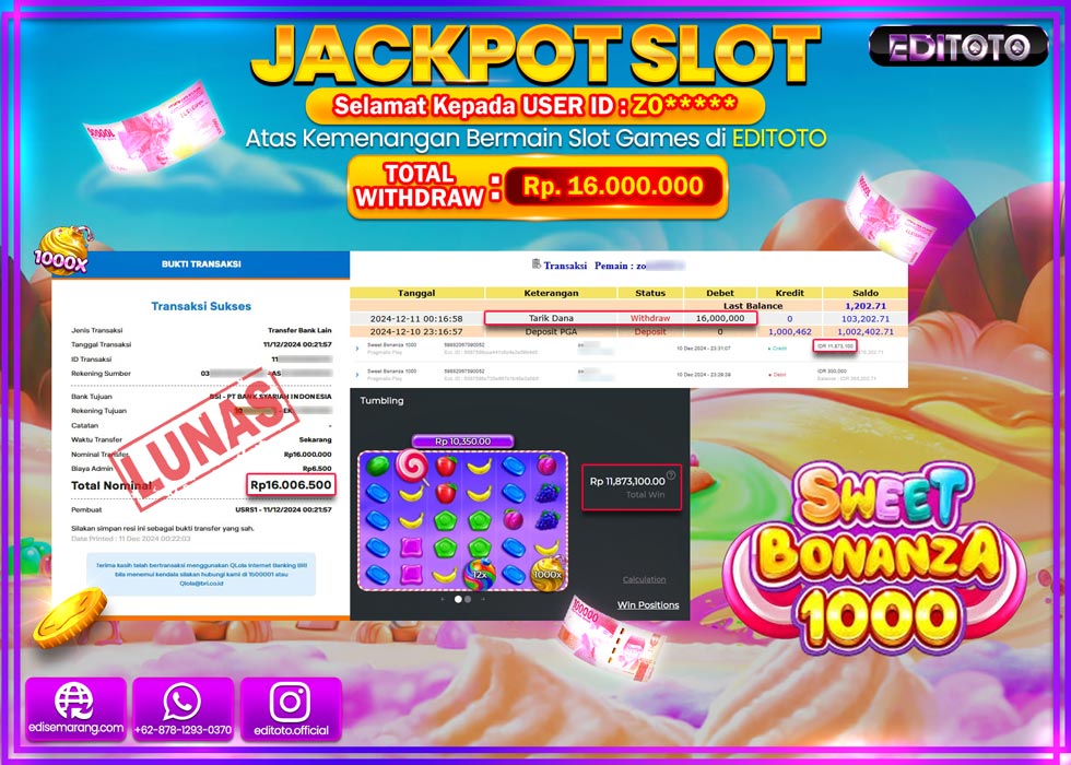 JACKPOT SLOT SWEET BONANZA 1000 Rp.16.000.000.,- LUNAS