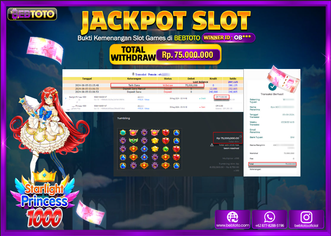 JACKPOT SLOT BEBTOTO Starlight Princess 1000 Rp.75.000.000.,- LUNAS