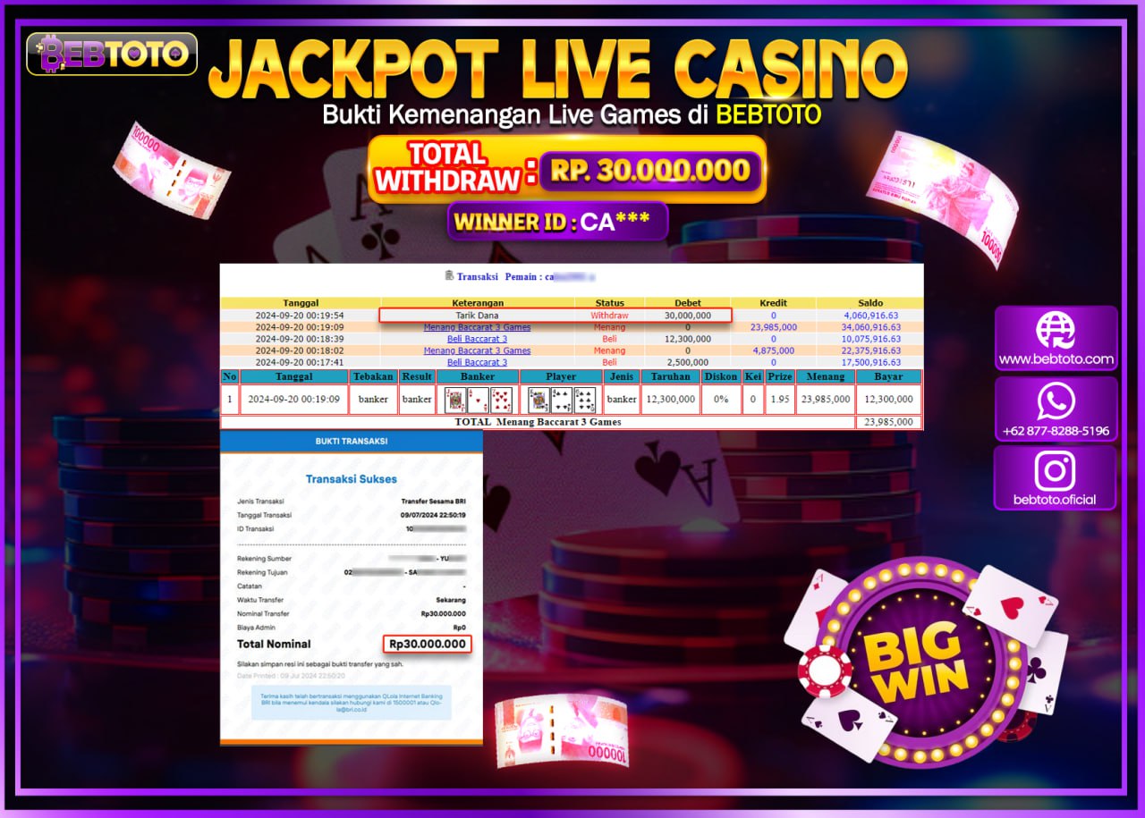 JACKPOT LIVE CASINO BEBTOTO BACCARAT Rp.30.000.000.,- LUNAS