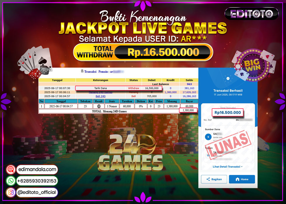 JACKPOT EDITOTO LIVE GAMES 24D GAMES Rp. 16.500.000.,- LUNAS