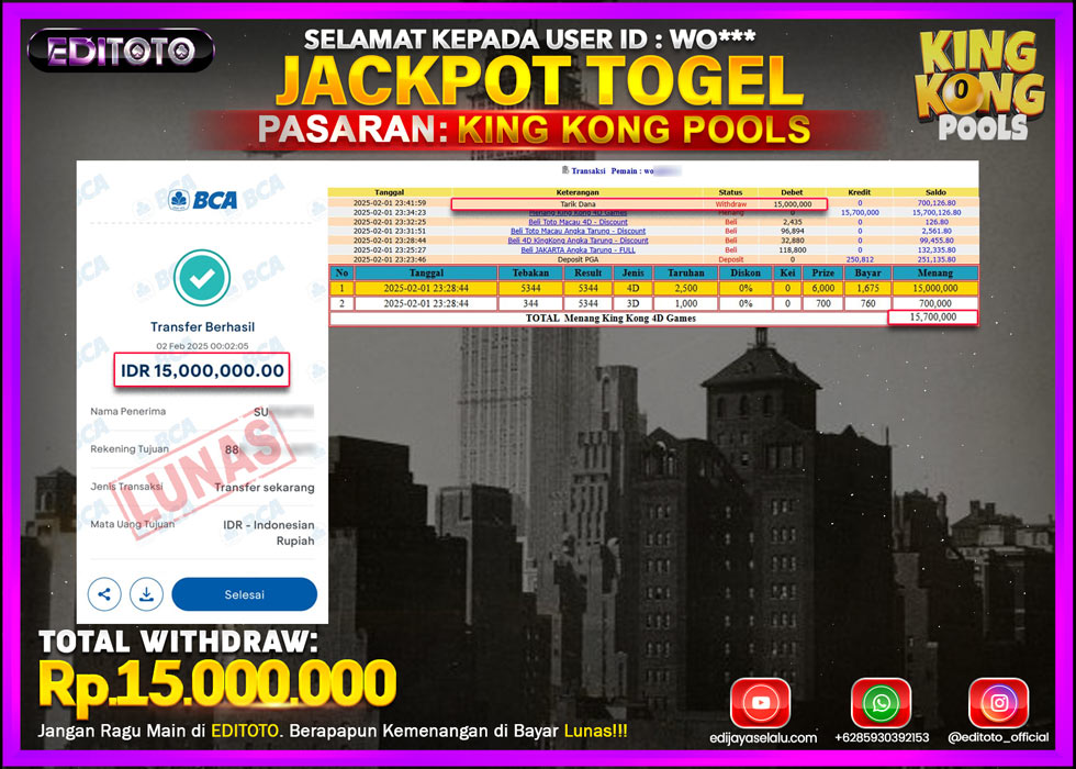 JACKPOT TOGEL PASARAN KINGKONG POOLS Rp.15.000.000.,- LUNAS