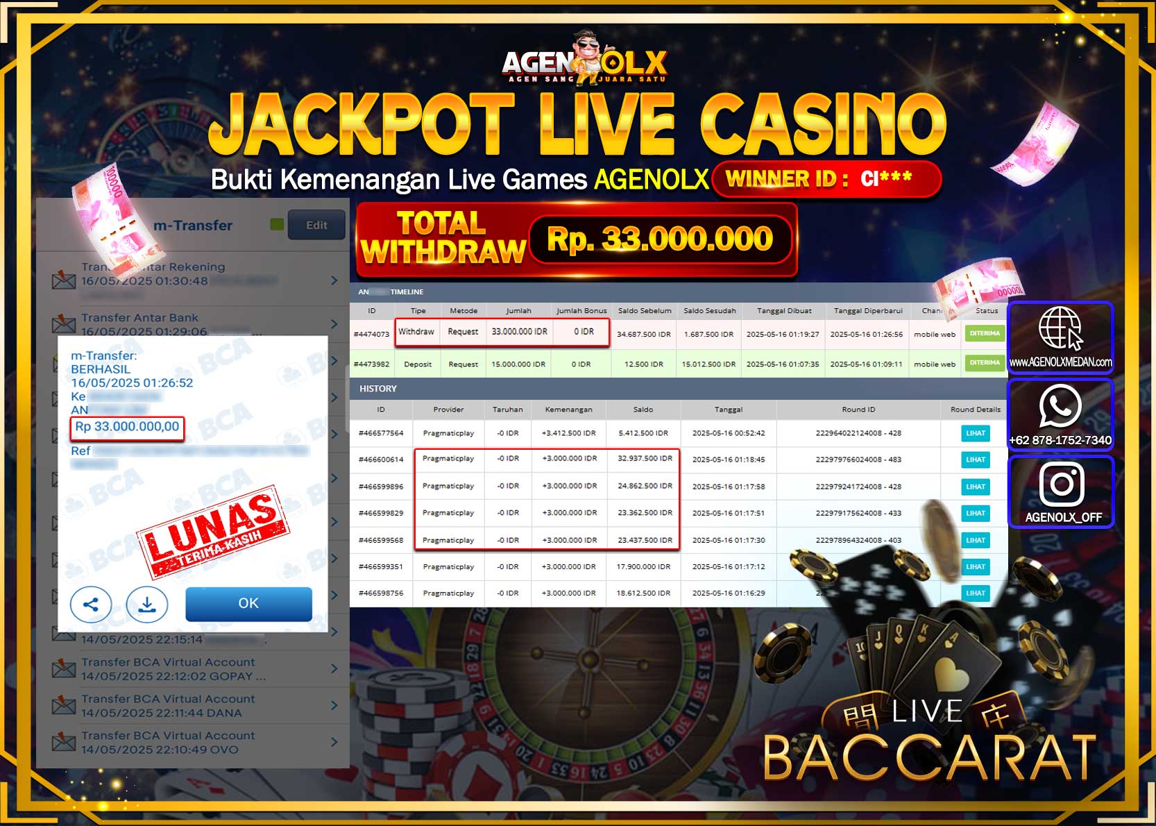 AGENOLX JACKPOT PRAGMATIC SPEED BACCARAT   Rp 33.000.000,- LUNAS