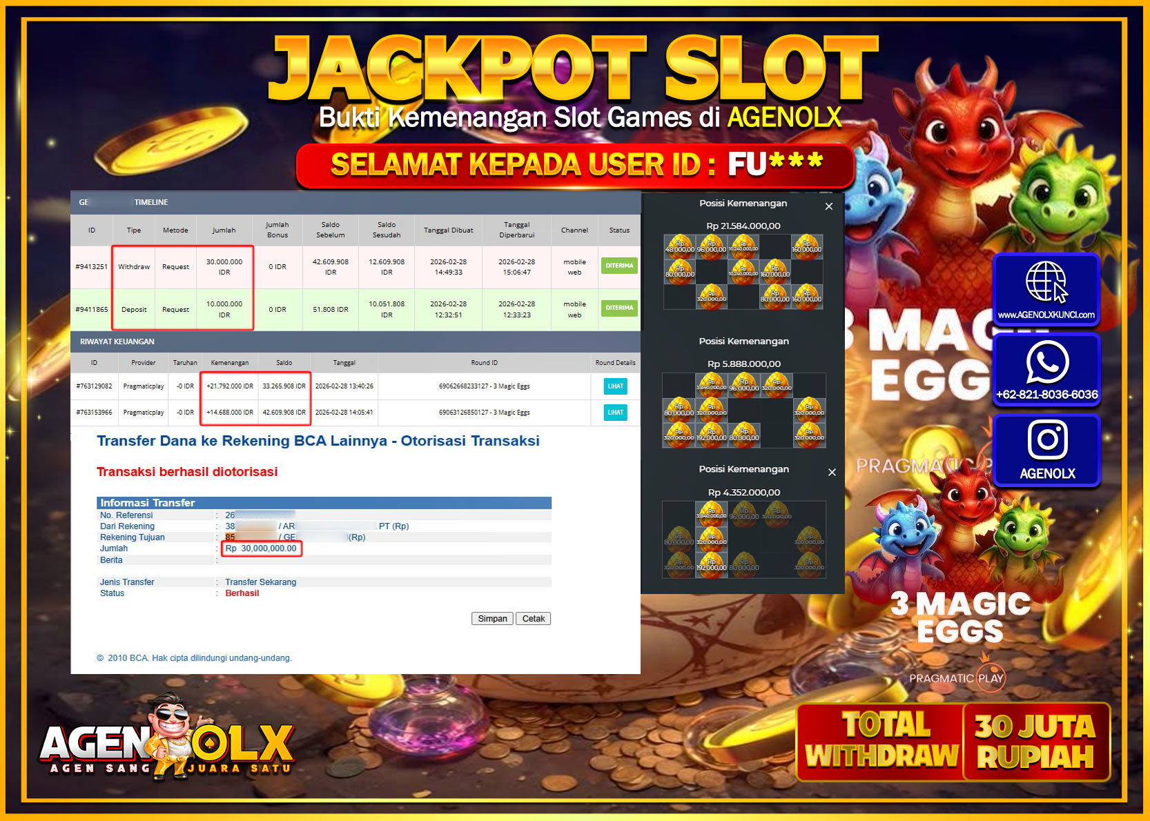 AGENOLX JACKPOT SLOT 3 MAGIC EGG   Rp 30.000.000 - LUNAS