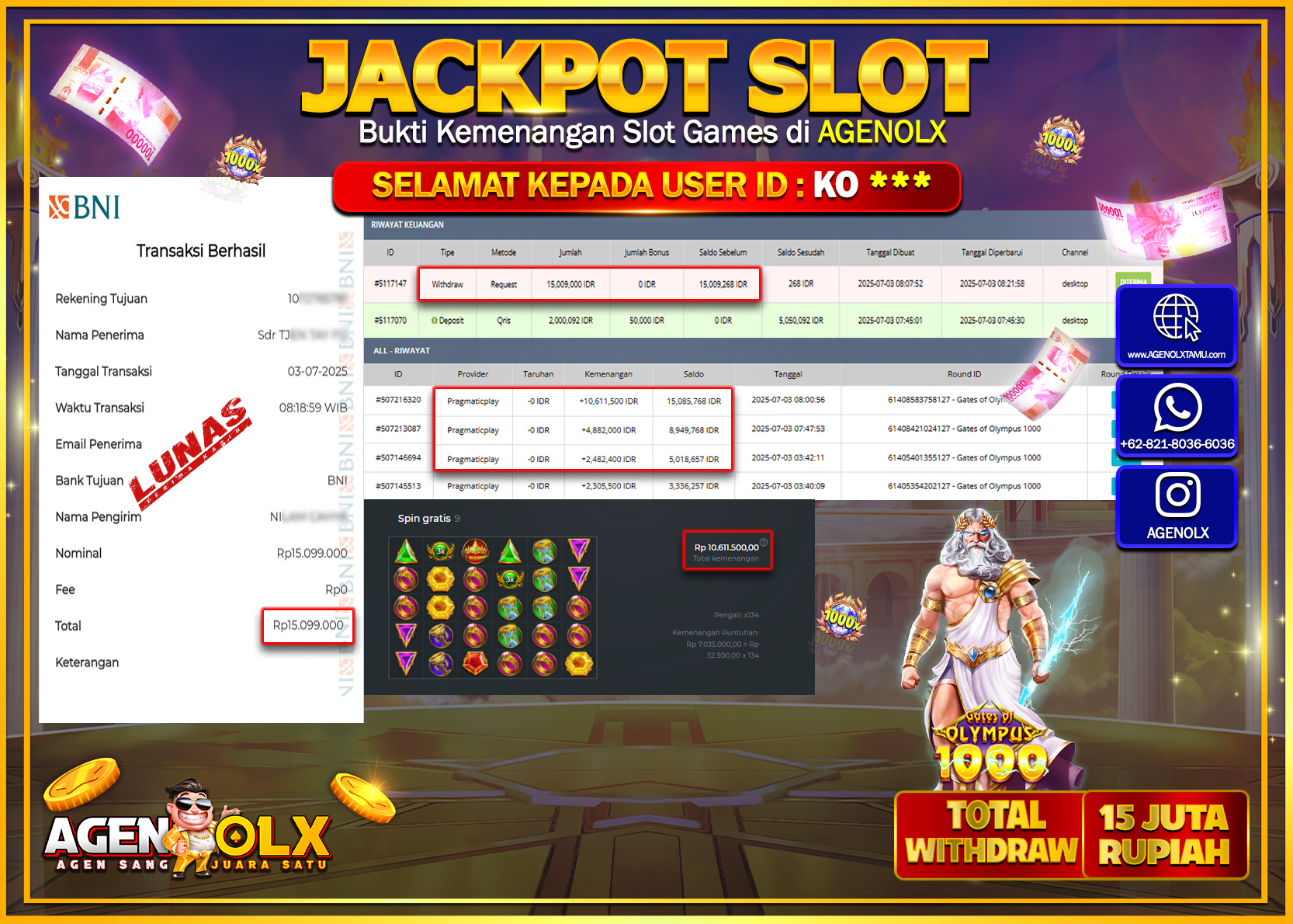 AGENOLX JACKPOT  SLOT GATES OFF OLYMPUS 1000 Rp 15.099.000,- LUNAS