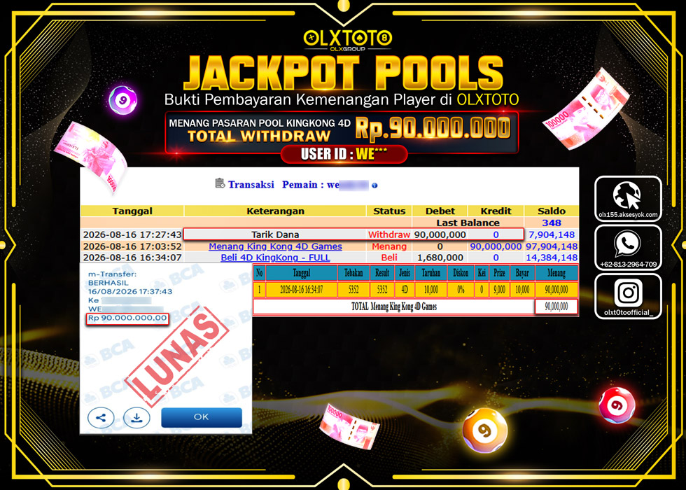 LUNATOGEL JACKPOT TOGEL POOL KINGKONG 4D Rp.90.000.000,- LUNAS