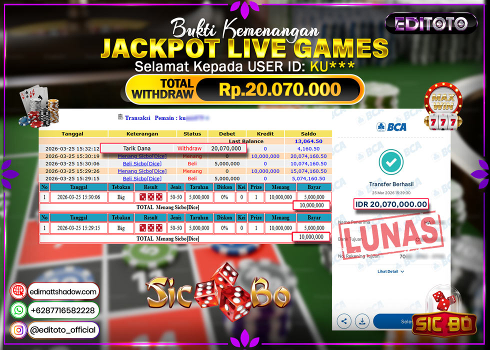 JACKPOT EDITOTO LIVE GAMES SICBO DICE Rp. 20.070.000.,- LUNAS