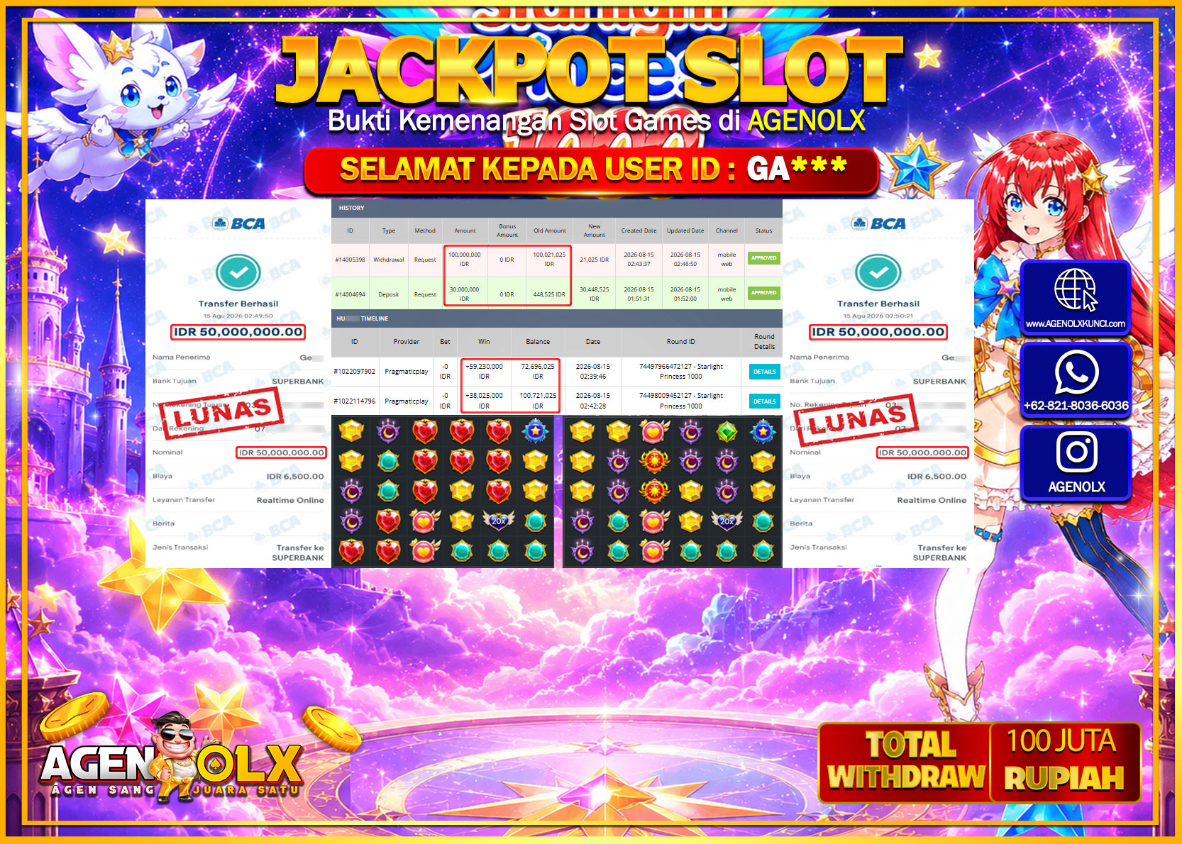 AGENOLX JACKPOT SLOT  STARLIGHT PRINCESS 1000  Rp 100.000.000 -LUNAS