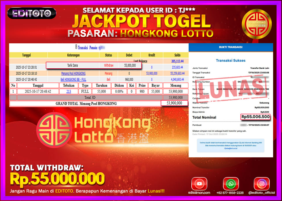 JACKPOT EDITOTO TOGEL PASARAN HONGKONG LOTTO Rp.55.000.000.,- LUNAS 