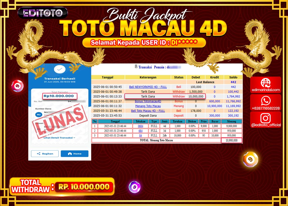 JACKPOT EDITOTO TOGEL PASARAN MACAU 4D Rp.10.000.000.,- LUNAS