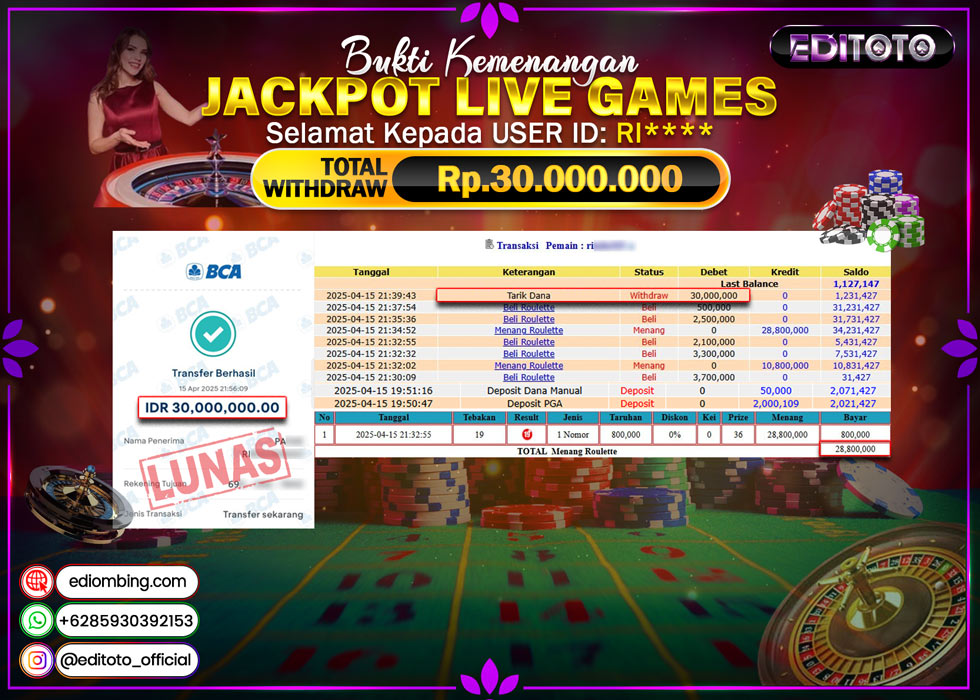 JACKPOT EDITOTO LIVE GAMES ROULETTE Rp.30.000.000.,- LUNAS