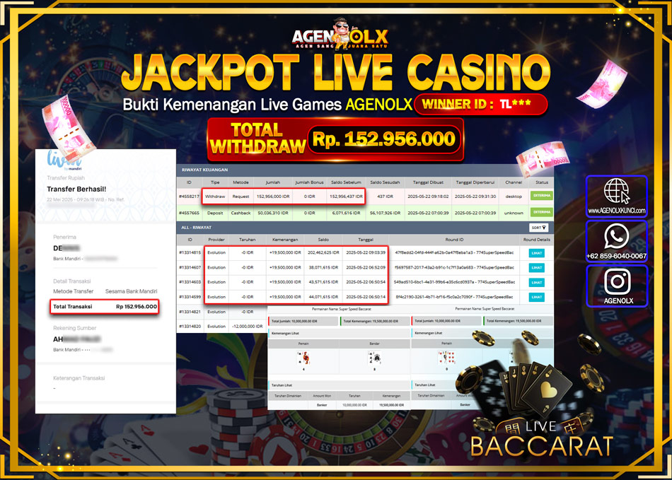 AGENOLX JACKPOT LIVE CASSINO SPEED BACCARAT Rp 152.956.000,- LUNAS