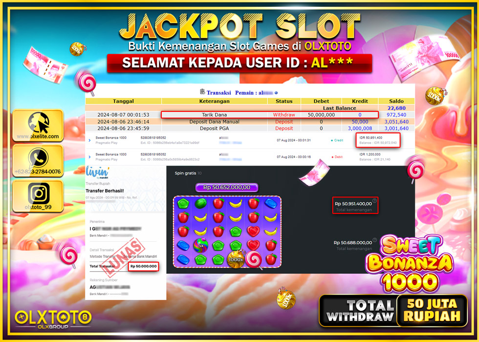 OLXTOTO JACKPOT  SLOT SWEET BONANZA 1000 Rp.50.000.000.,- LUNAS