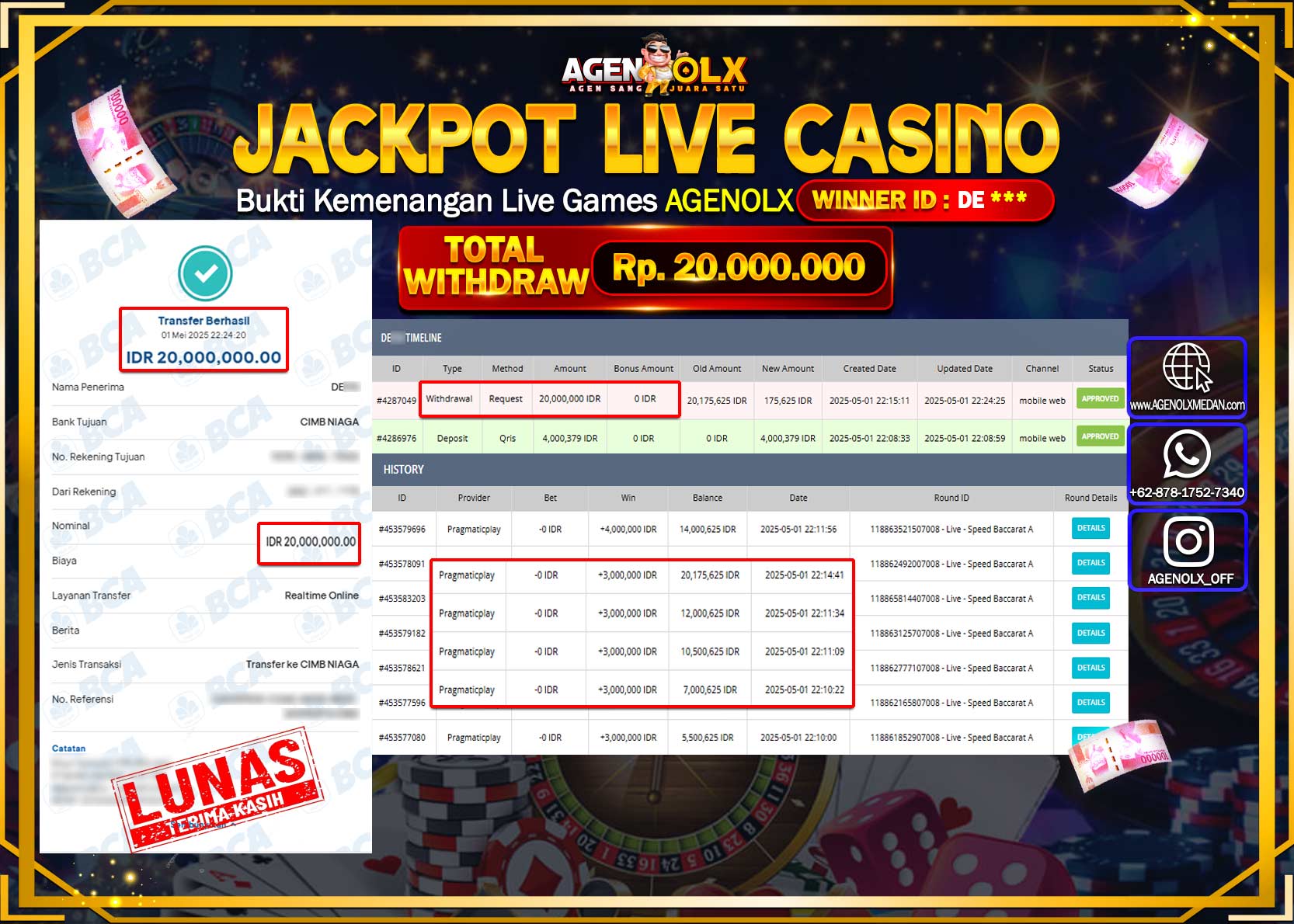 AGENOLX JACKPOT PRAGMATIC SPEED BACCARAT A Rp 20.000.000,- LUNAS