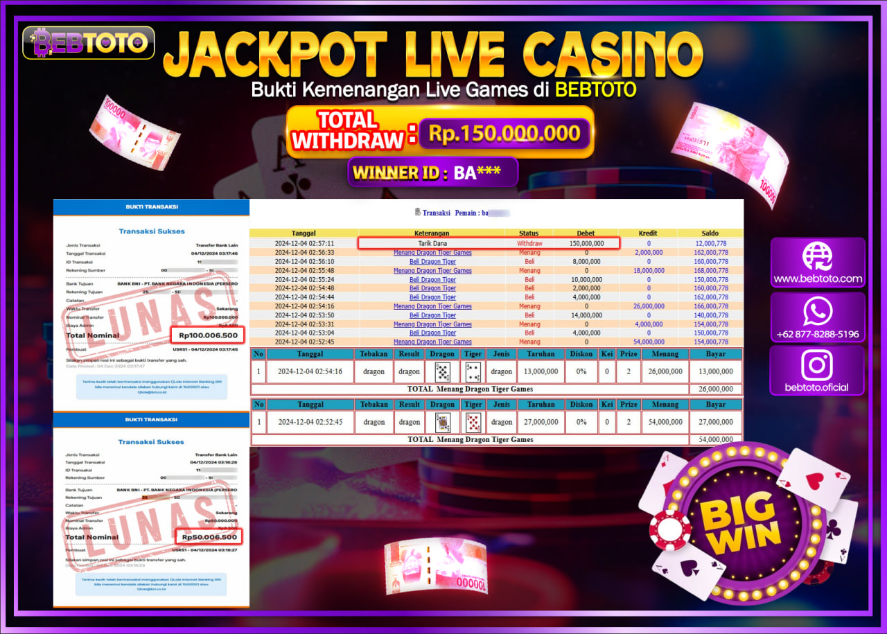 JACKPOT LIVE CASINO BEBTOTO DRAGON TIGER Rp.150.000.000.,- LUNAS