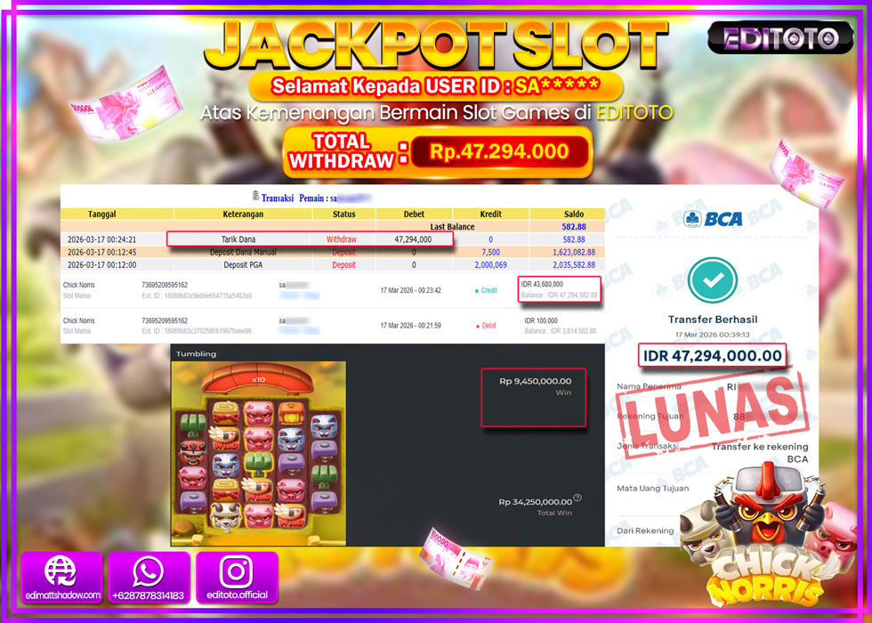 JACKPOT EDITOTO SLOT CHICK NORRIS Rp.47.294.000,- LUNAS