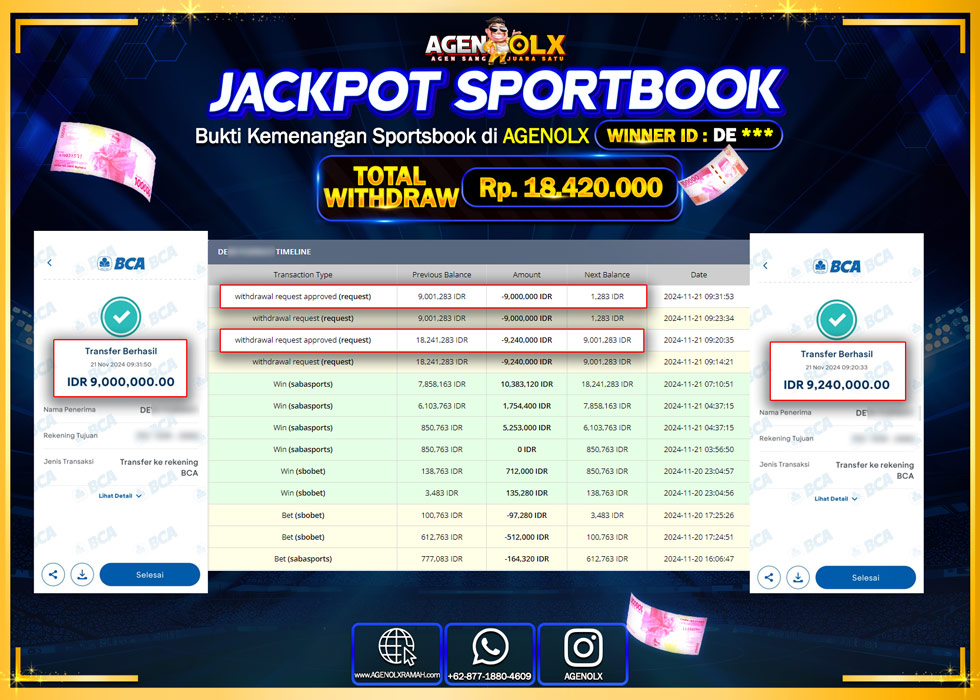 AGENOLX JACKPOT SPORTBOOK Rp 18.420.000,- LUNAS