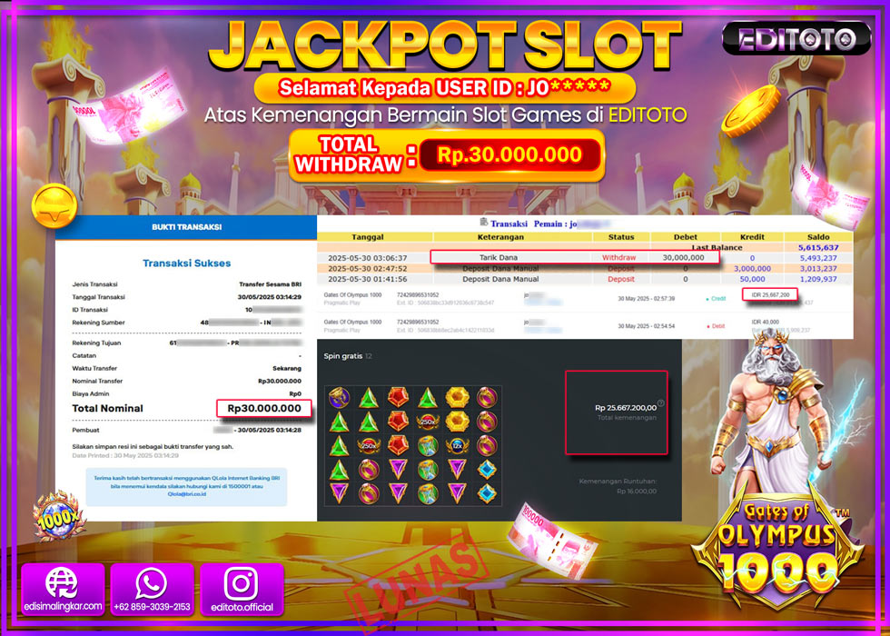 JACKPOT EDITOTO SLOT GATES OF OLYMPUS 1000 Rp.30.000.000,- LUNAS