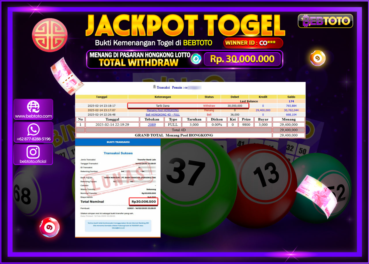 JACKPOT TOGEL BEBTOTO HONGKONG LOTTO  Rp.30.000.000.,- LUNAS