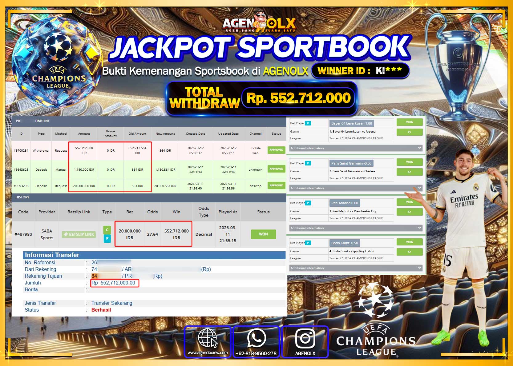 AGENOLX JACKPOT PARLAY SABASPORT  Rp 552.712.000 - LUNAS