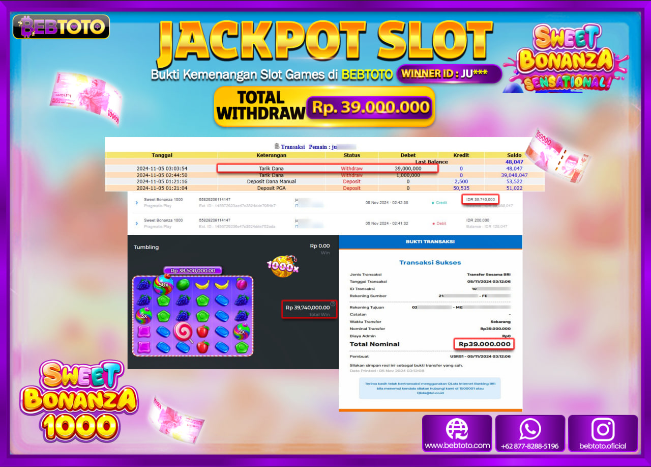 JACKPOT SLOT BEBTOTO SWEET BONANZA 1000 Rp.39.000.000.,- LUNAS