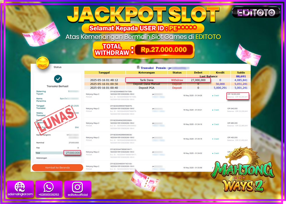 JACKPOT EDITOTO SLOT MAHJONG WAYS 2 Rp.27.000.000,- LUNAS