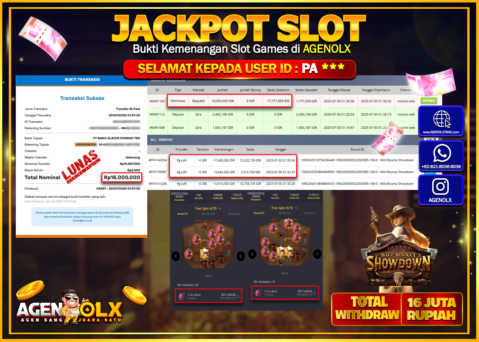 AGENOLX JACKPOT SLOT WILD BOUNTY SHOWDOWN Rp 16.000.000,- LUNAS