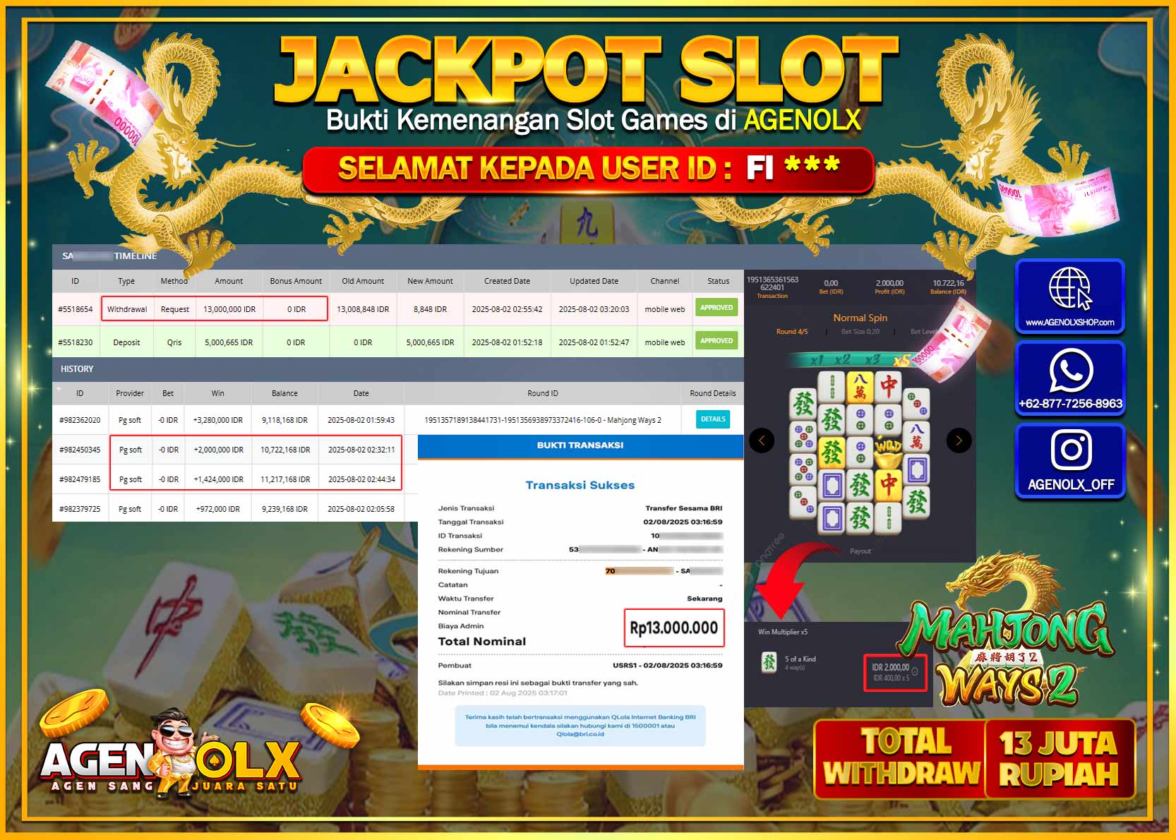 AGENOLX JACKPOT SLOT MAHJONG WAYS 2 Rp 13.000.000,- LUNAS