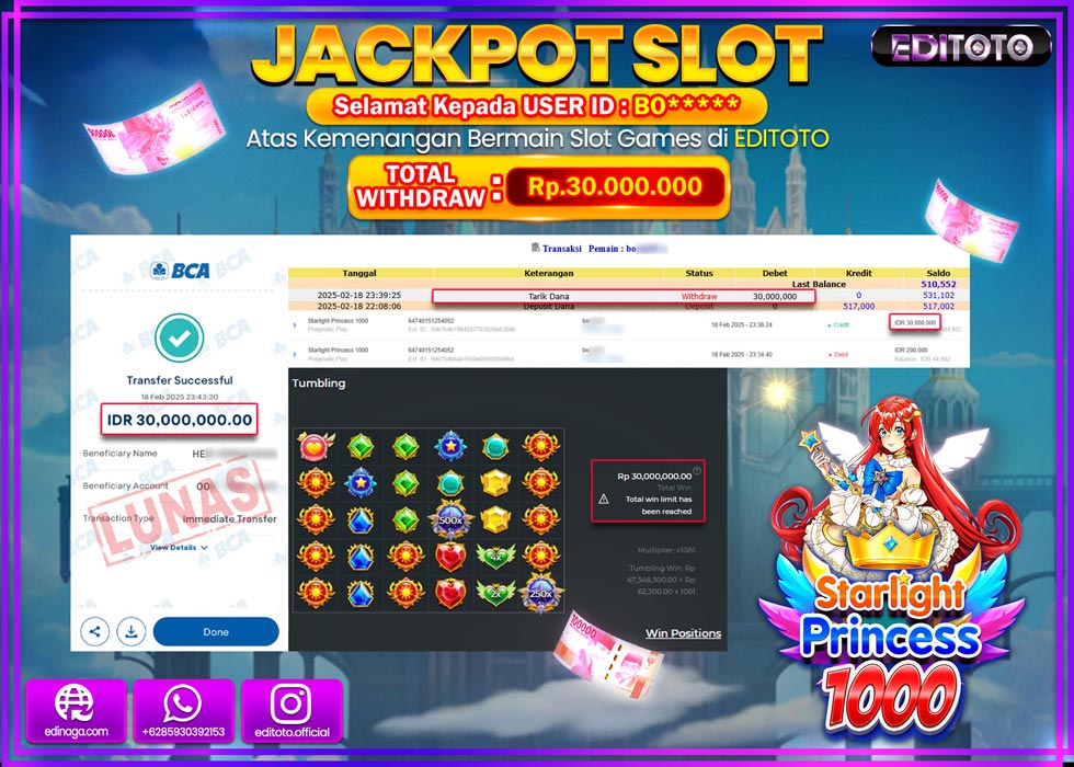 JACKPOT SLOT STARLIGHT PRINCESS 1000  Rp.30.000.000.,- LUNAS