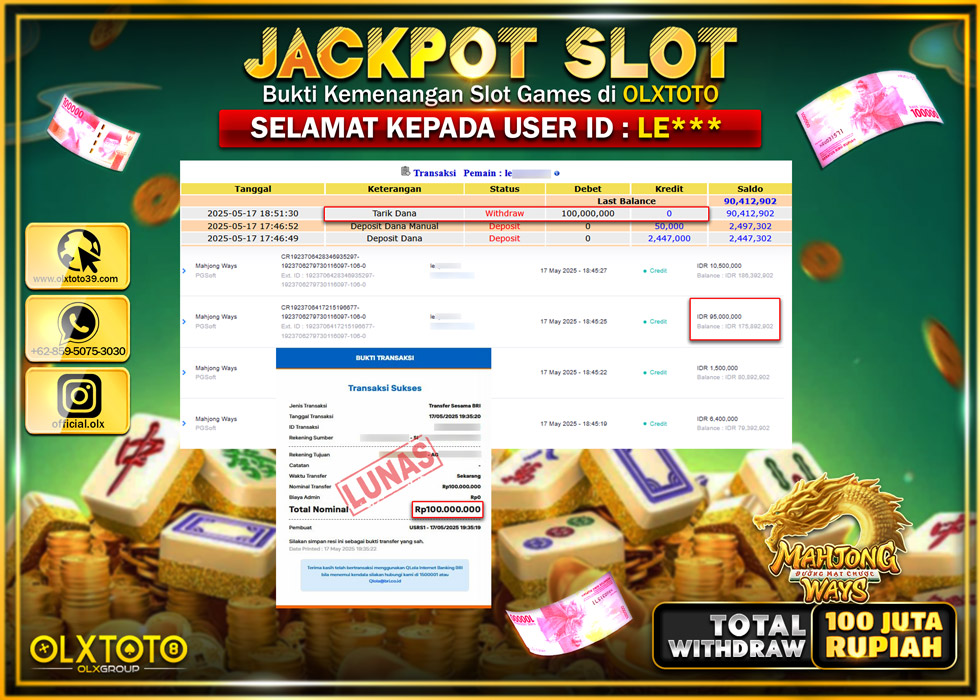 BINTANGSLOT77 JACKPOT SLOT MAHJONG WAYS  Rp.100.000.000.,- LUNAS