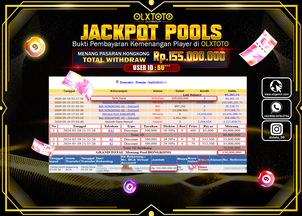 OLXTOTO JACKPOT TOGEL POOL HONGKONG  Rp.155.000.000.,- LUNAS