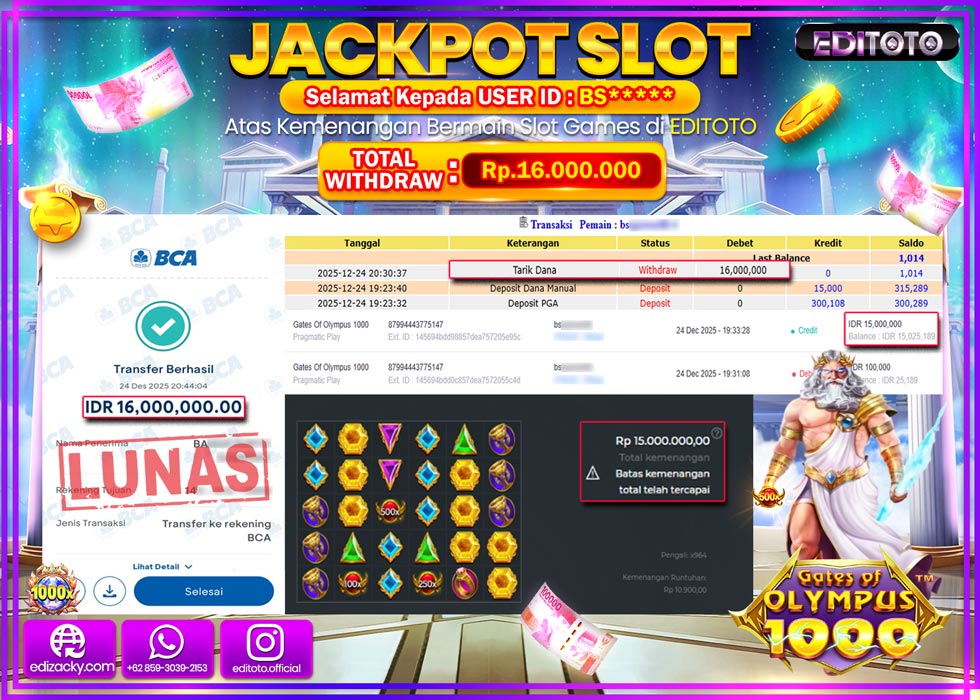 JACKPOT EDITOTO SLOT GATES OF OLYMPUS 1000  Rp.16.000.000,- LUNAS  