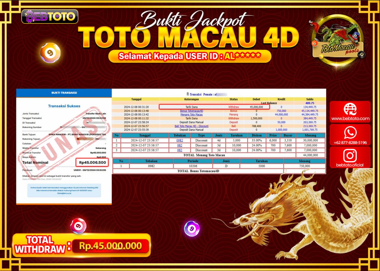 JACKPOT LIVE CASINO BEBTOTO TOTO MACAU 4D Rp.45.000.000.,- LUNAS