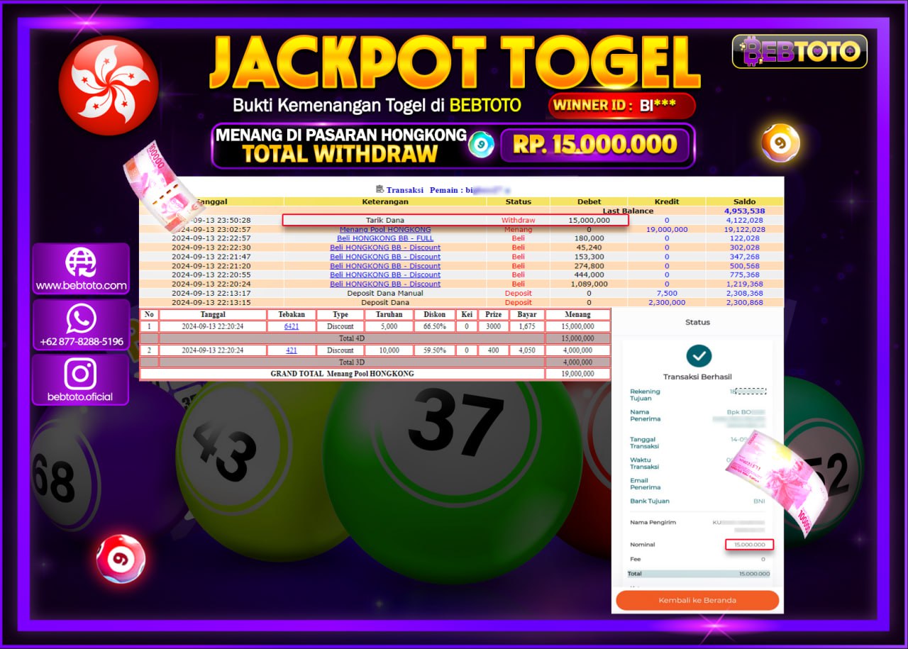 JACKPOT TOGEL BEBTOTO HONGKONG POOLS Rp.15.000.000.,- LUNAS